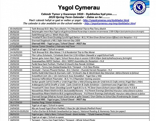 Calendr Tymor y Gwanwyn 2020