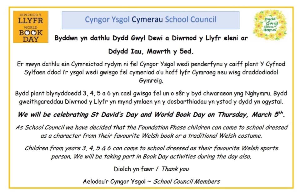 Dydd Gŵyl Dewi a Diwrnod y Llyfr